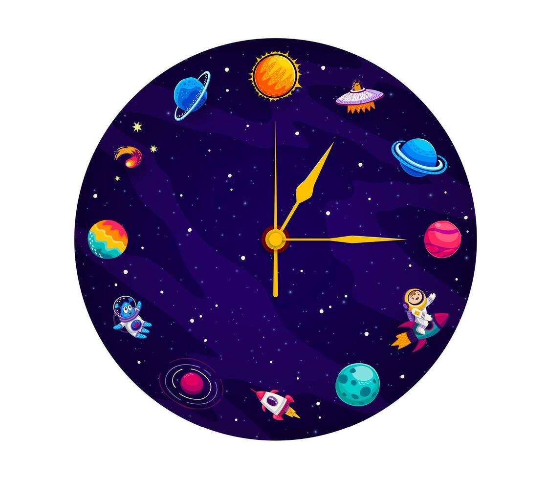 Galaxy space clock background, planets, rockets vector