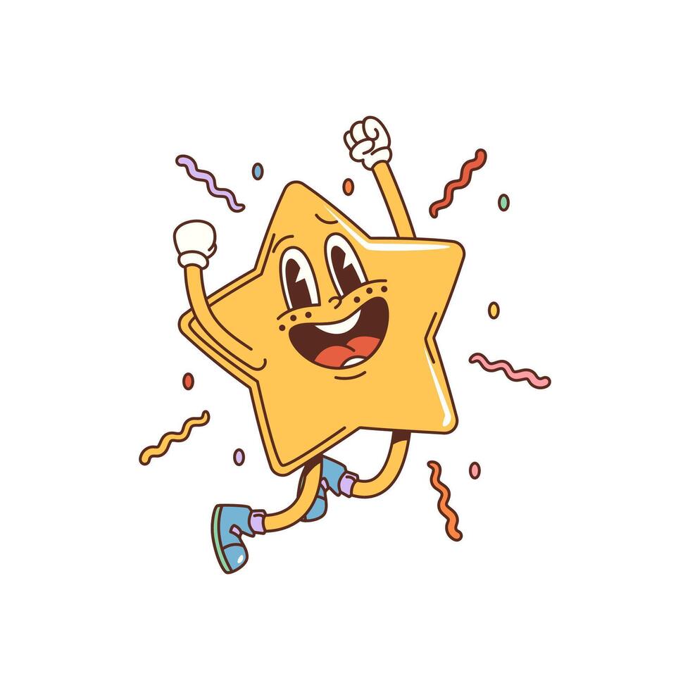 dibujos animados estrella maravilloso personaje, contento retro centelleo vector