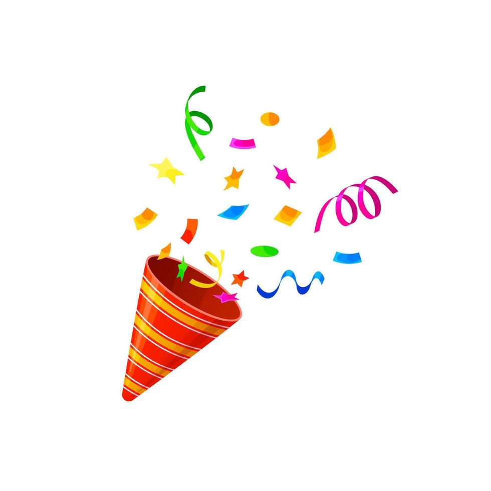 Holiday party popper, vector striped birthday cone