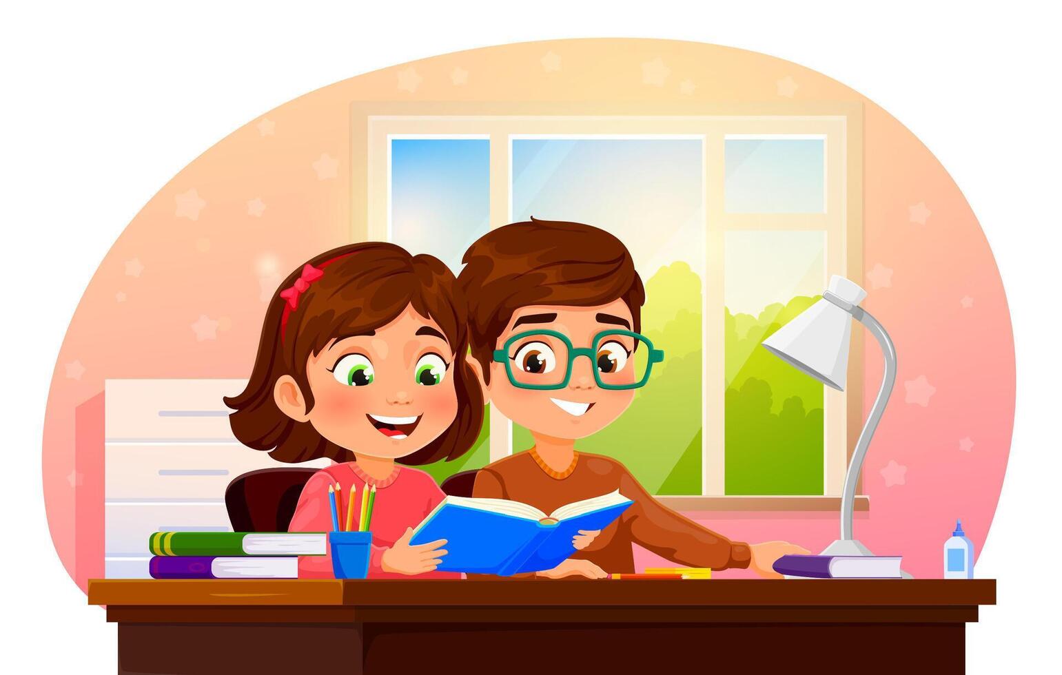 Cartoon boy and girl studying a homework together vector