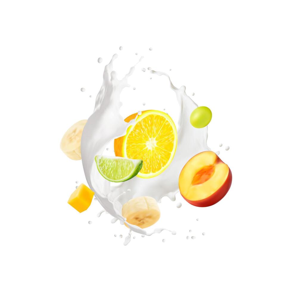 Yogurt drink splash, milk swirl and tropical fruit vector