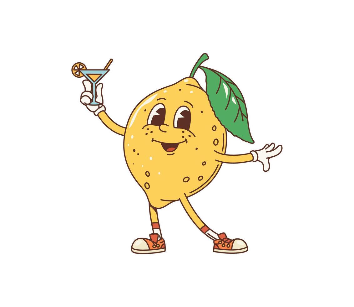 Cartoon retro lemon fruit groovy comic character vector