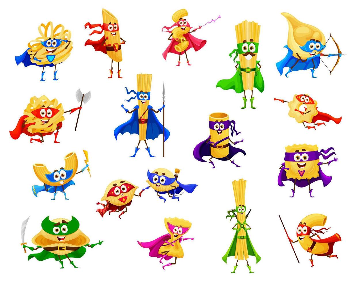 Cartoon Italian pasta food superhero characters vector