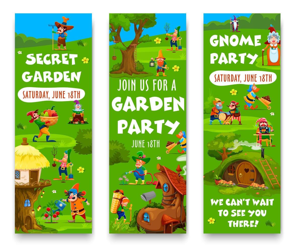 Cartoon garden gnome and dwarf characters, houses vector