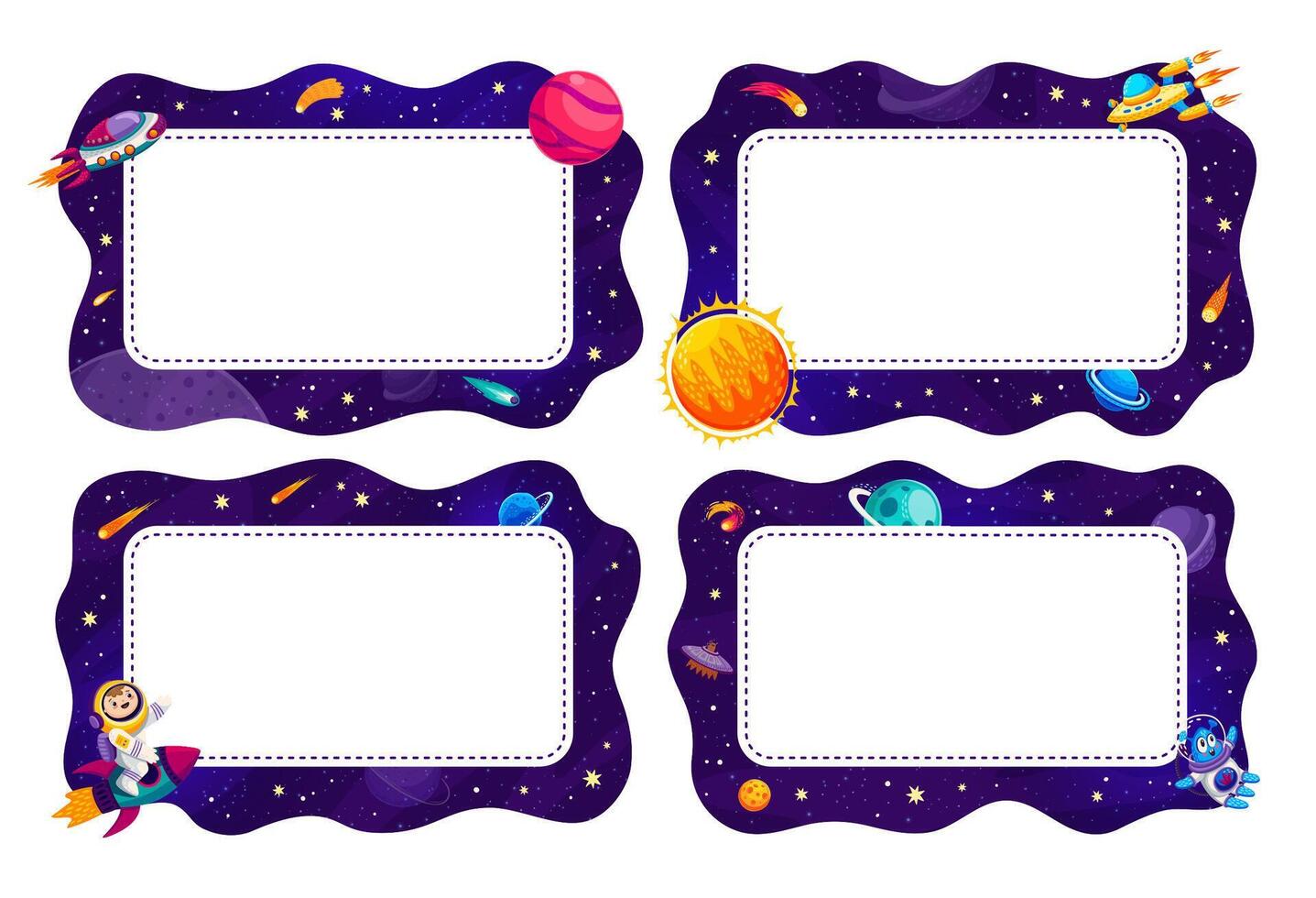 Cartoon frames, galaxy space, rockets, spaceman vector