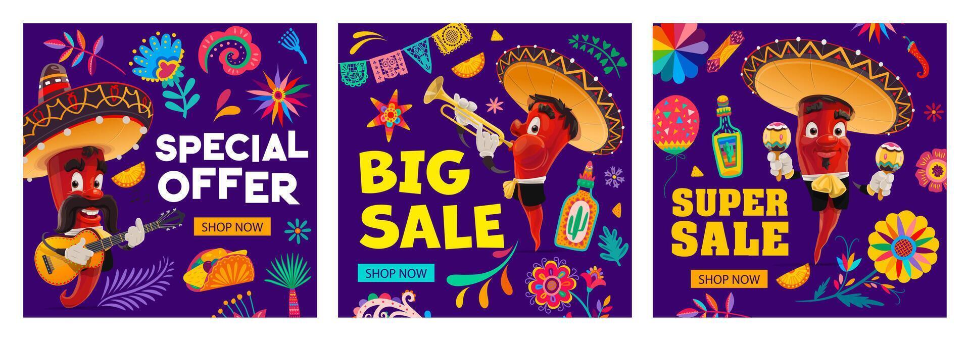 Mexican holiday sale banners with chili musicians vector