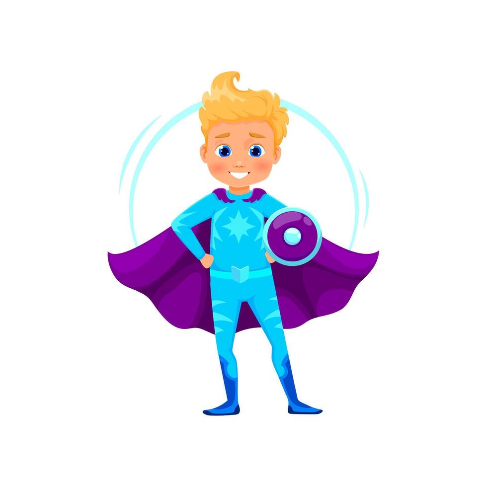 Cartoon kid superhero character in vibrant costume vector