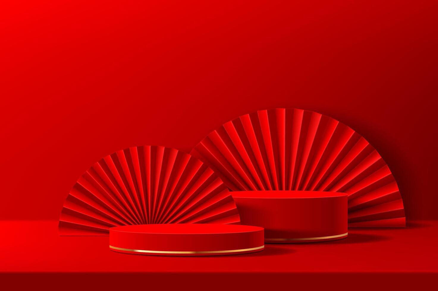 Red Chinese podium stage with golden rings and fan vector