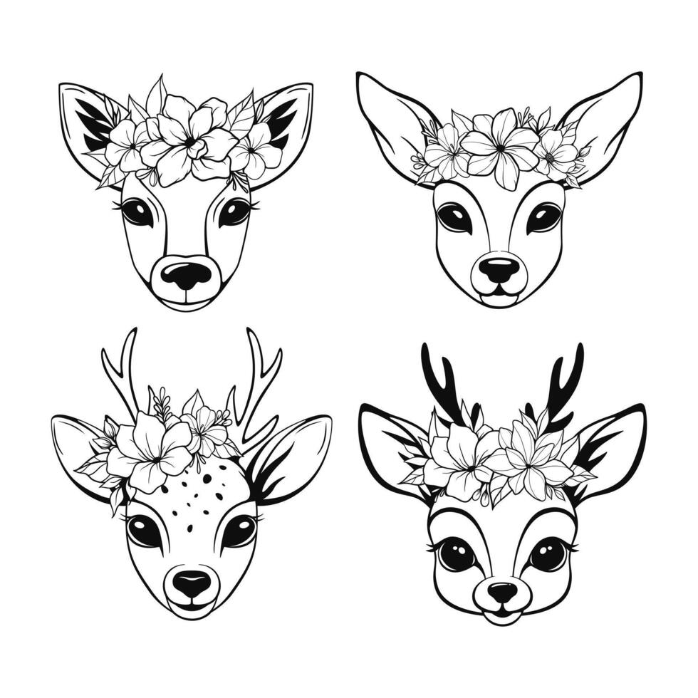 Set of cute deer with floral decorations vector