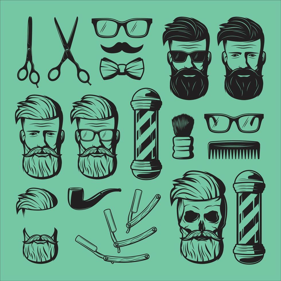 Barber shop icons set with beard, glasses, scissors and other items. vector