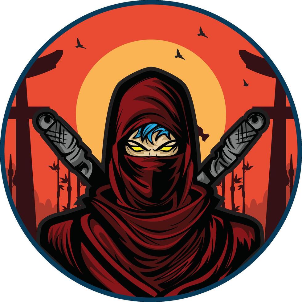 A ninja with two swords in front of a sunset. vector