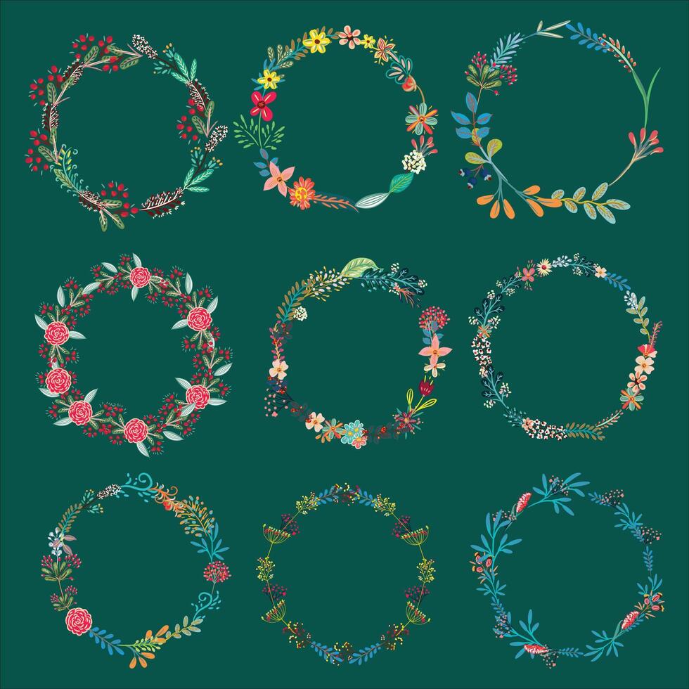 Set of floral wreaths vector illustration.