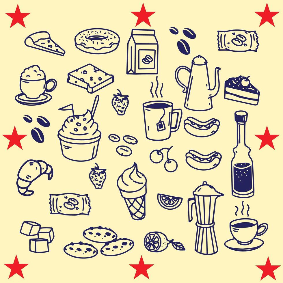 A set of doodles of food and drinks. vector