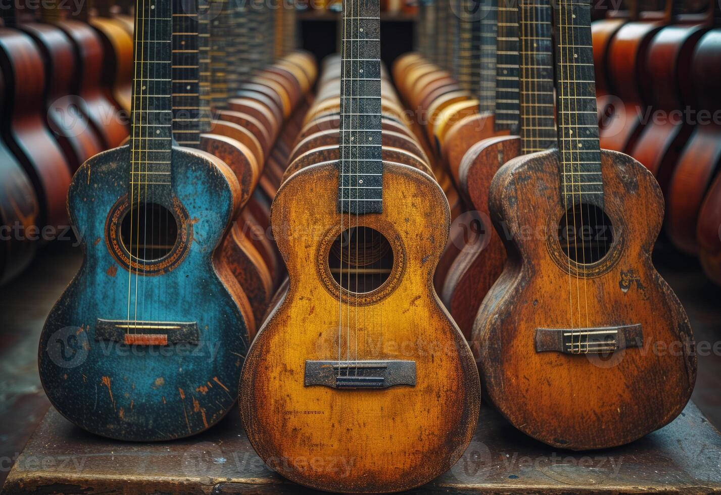AI generated Some acoustic guitars in rows at a music store. A collection of guitars lined up in an orderly manner, showcasing various colors and styles. photo