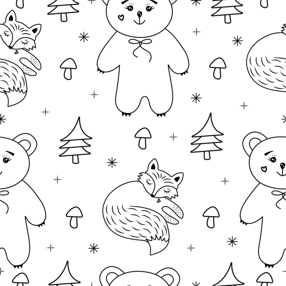 Forest life seamless pattern, black and white print in scandinavian style, wild animals and plants vector