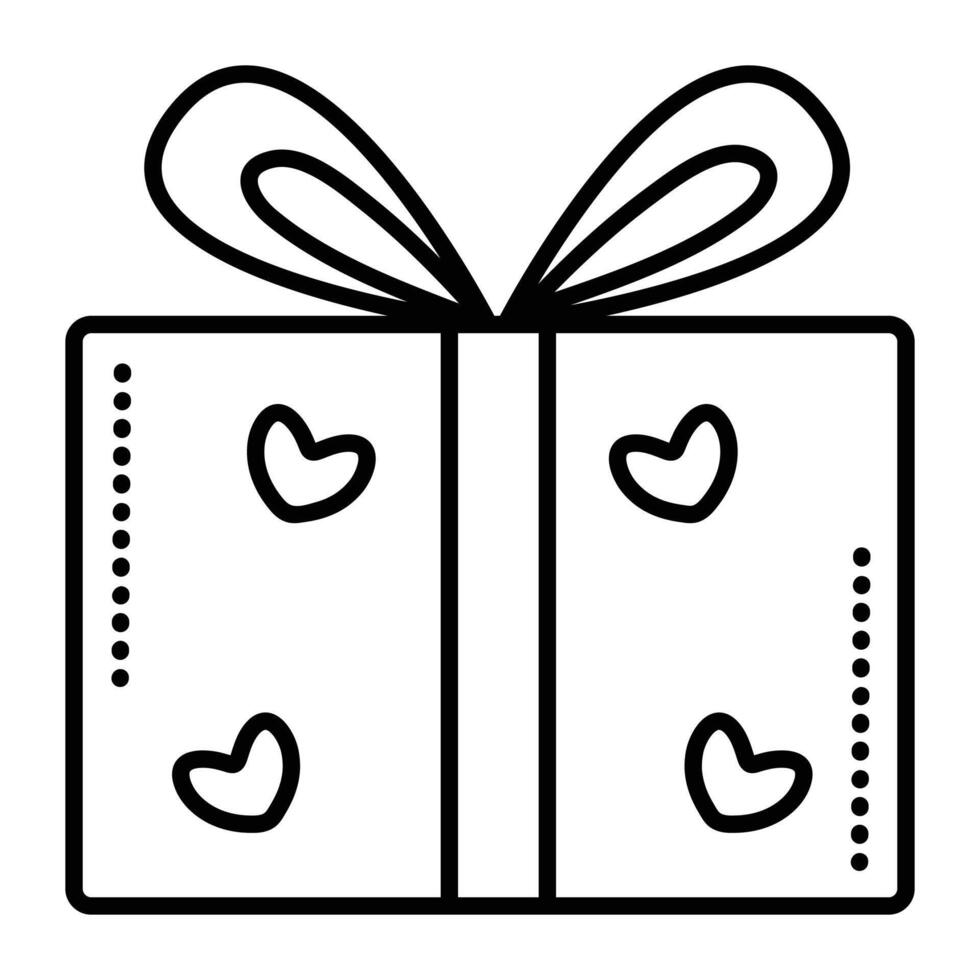 cerrado regalo caja con corazones y arco, negro línea vector icono de paquete o empaquetar con cinta, papel paquete pictograma