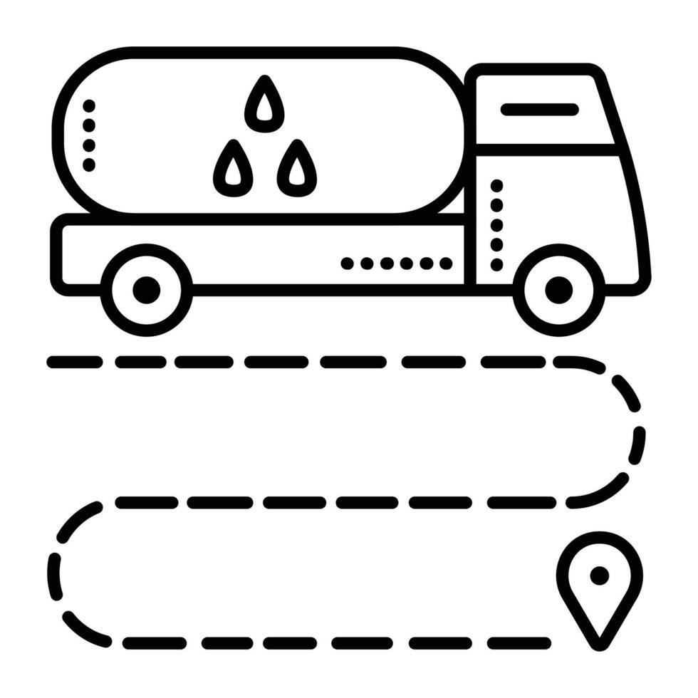 Liquid delivery by truck, tanker truck with a cistern, big vehicle with a tank, black line vector icon