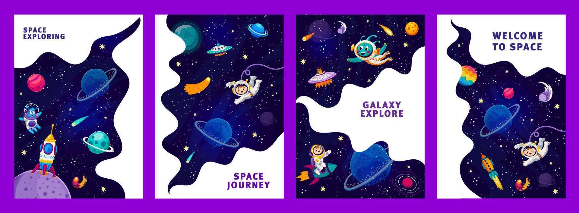 Cartoon alien and astronauts, spaceship, rockets vector