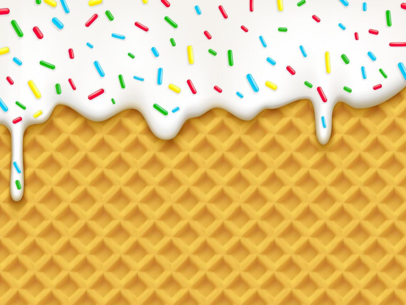 Realistic vanilla ice cream melt, sprinkles, wafer vector
