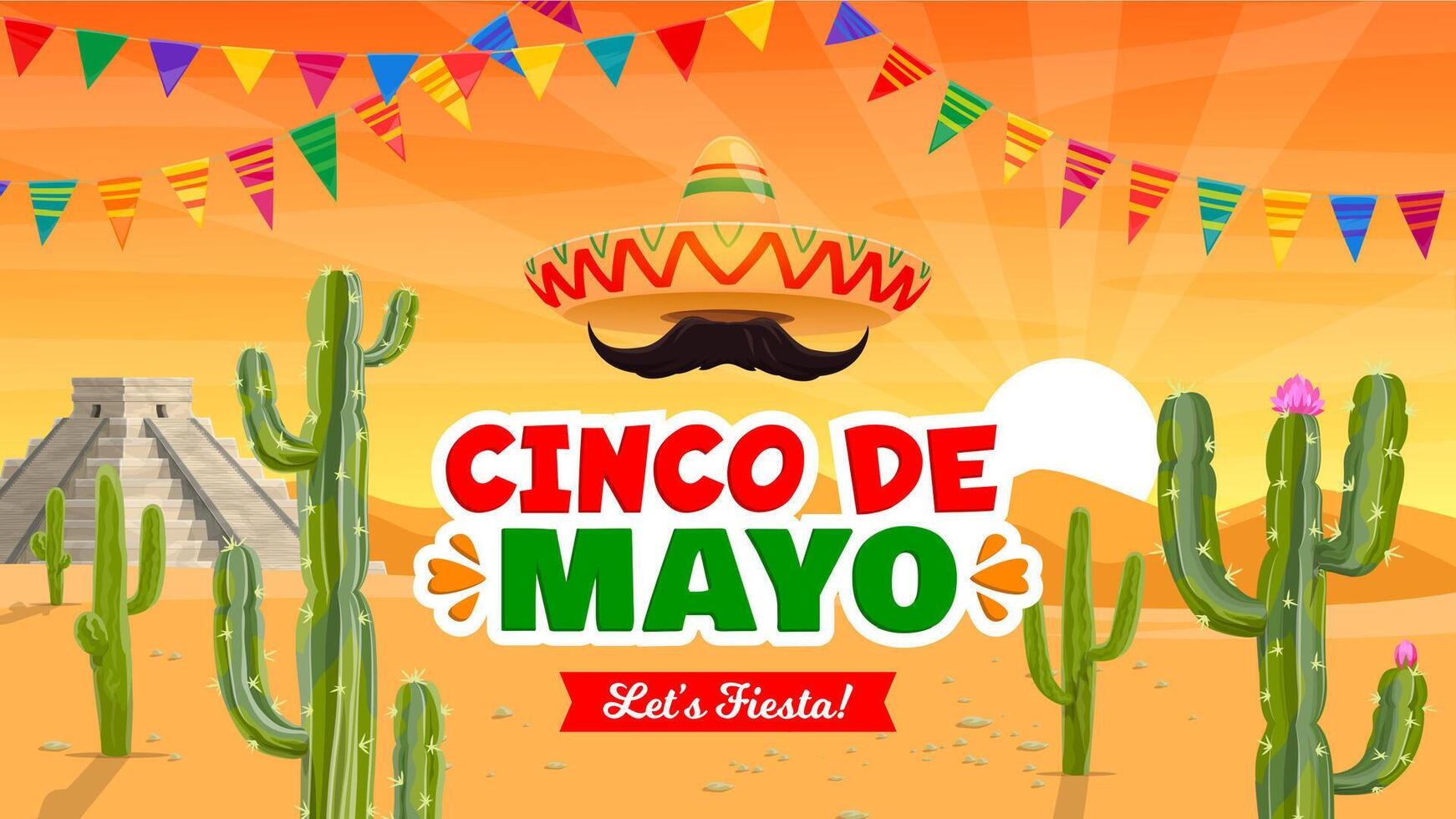 Cinco de Mayo banner, Mexican sombrero and desert vector