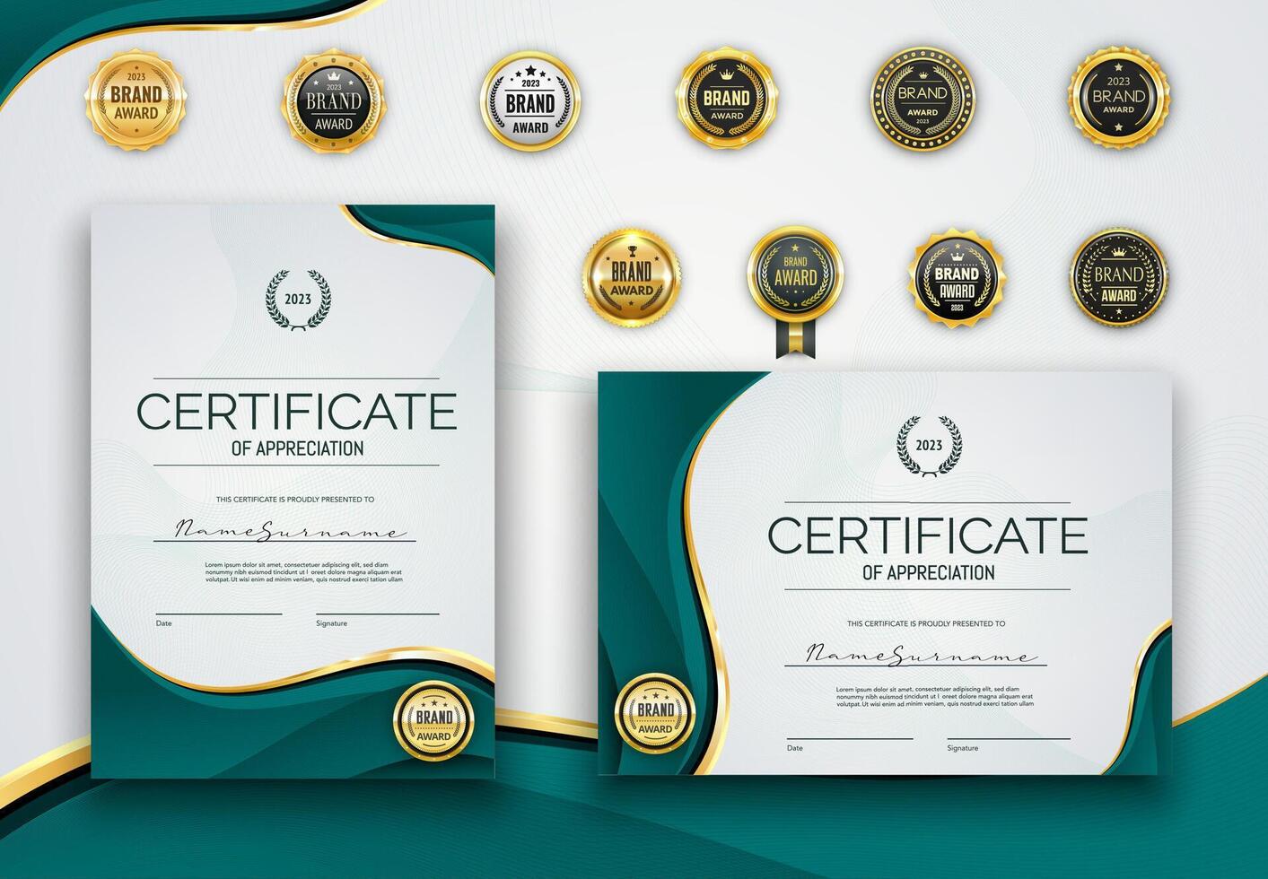 turquesa certificado diploma con dorado focas vector