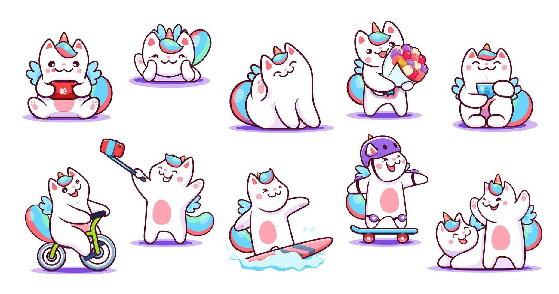 dibujos animados kawaii caticorn gato, gatito mascota caracteres vector