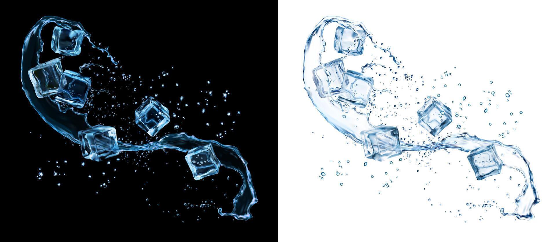 Water splash with ice cubes and splatters, 3d vector