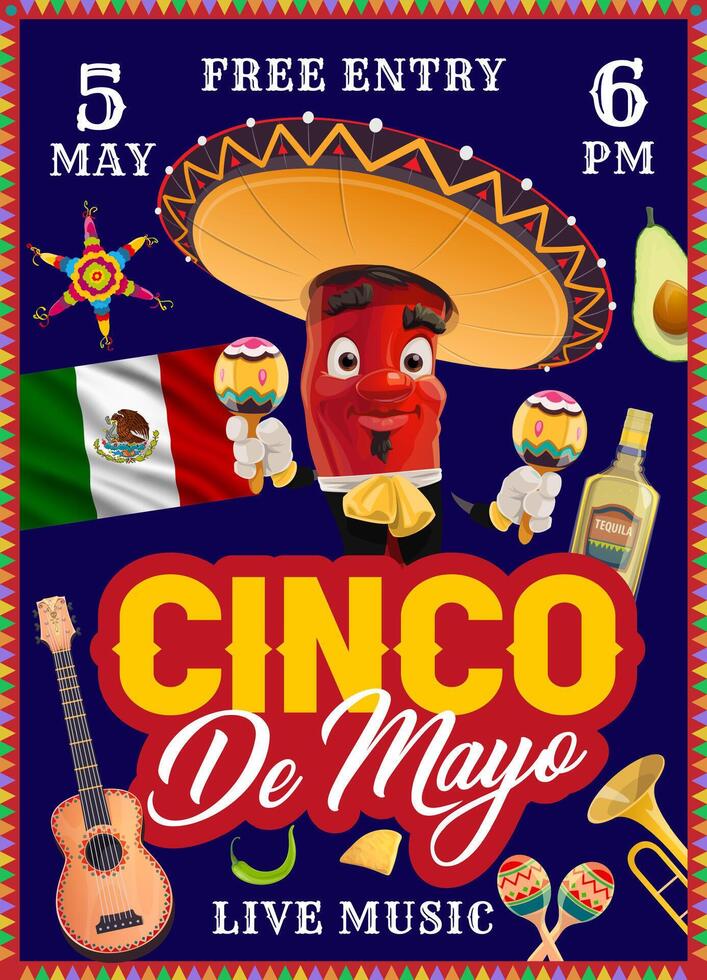 Cinco De Mayo Mexican holiday party flyer, pepper vector