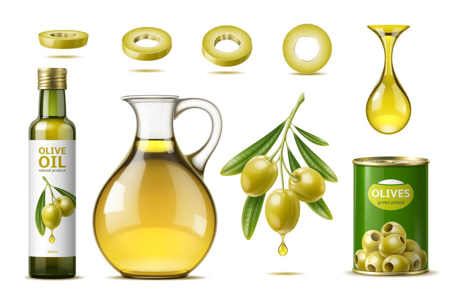 Realistic olive oil jug, and bottle with olives vector