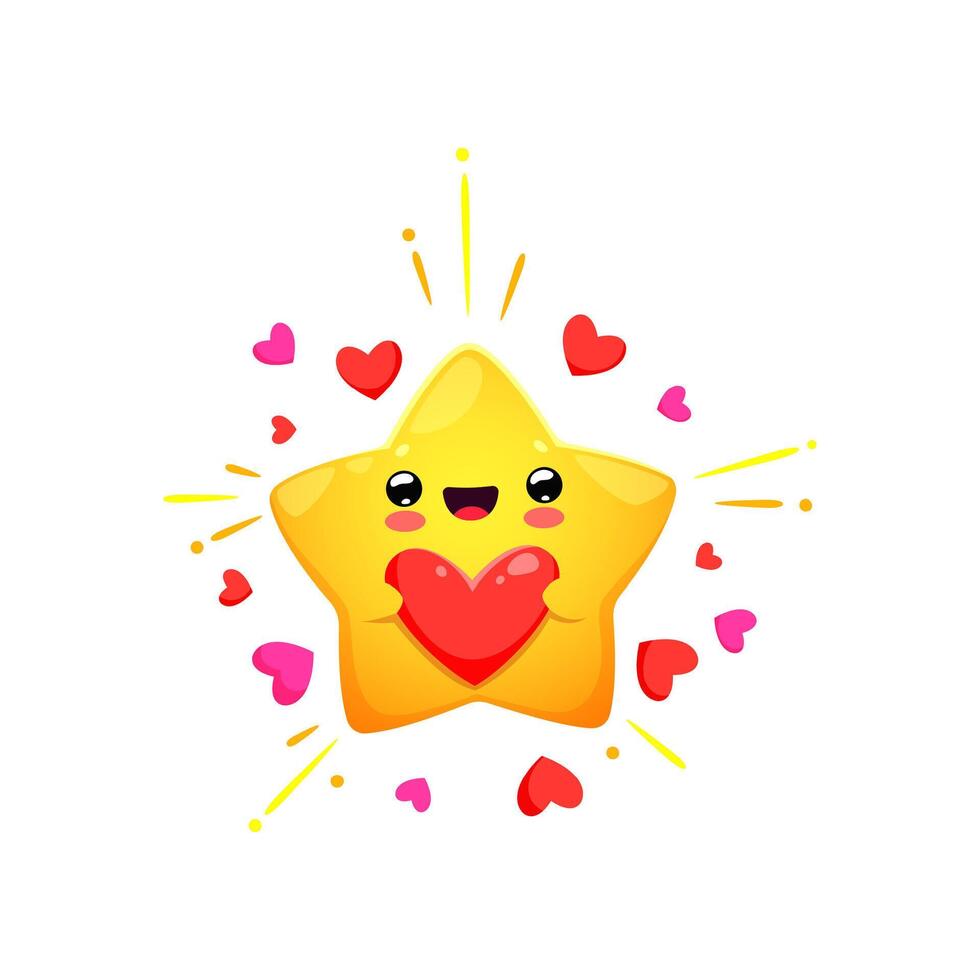 Cartoon cheerful kawaii star holding red heart vector