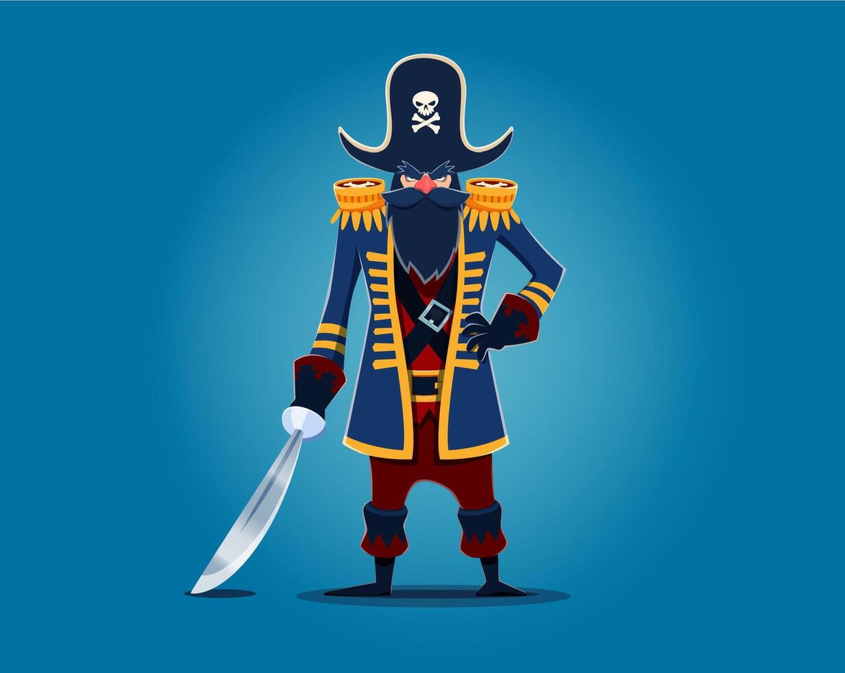 dibujos animados pirata capitán personaje en tricornio sombrero vector