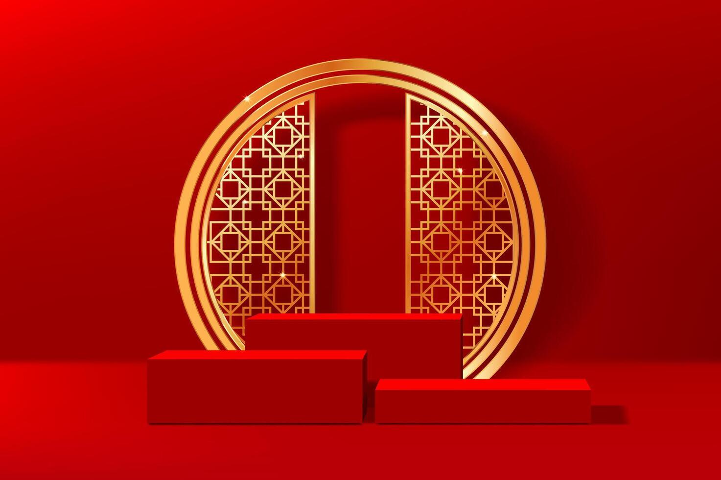 Red Chinese podium stage with golden gate and arch vector