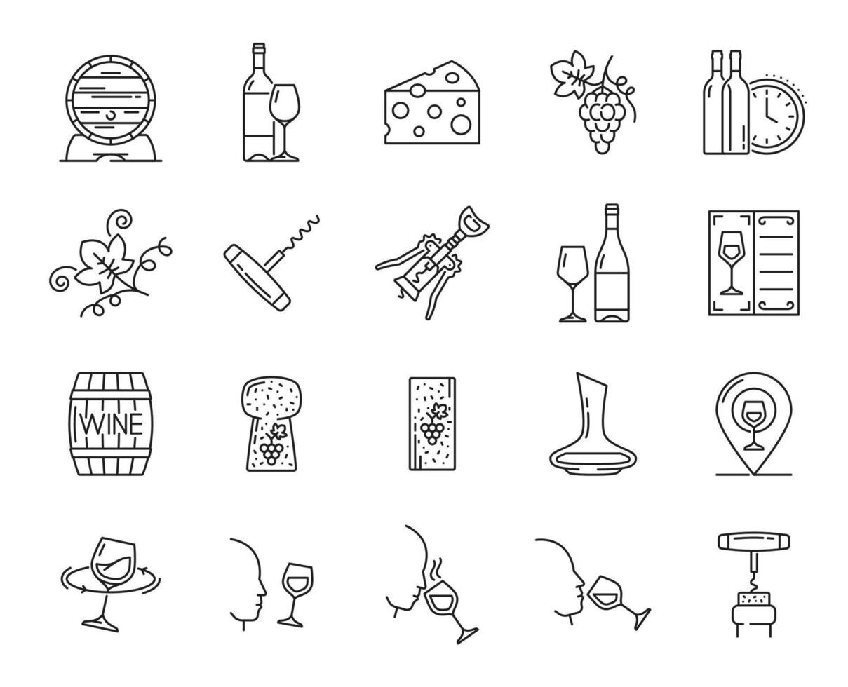 Wine outline icons, bottles, glasses and barrels vector