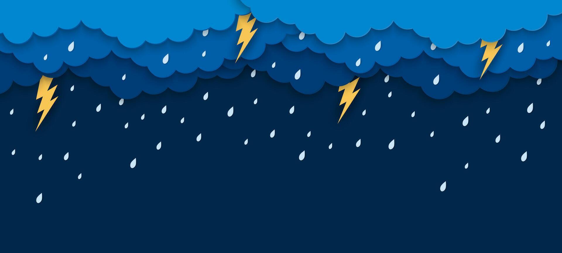 Paper cut rain clouds with lightnings and drops vector