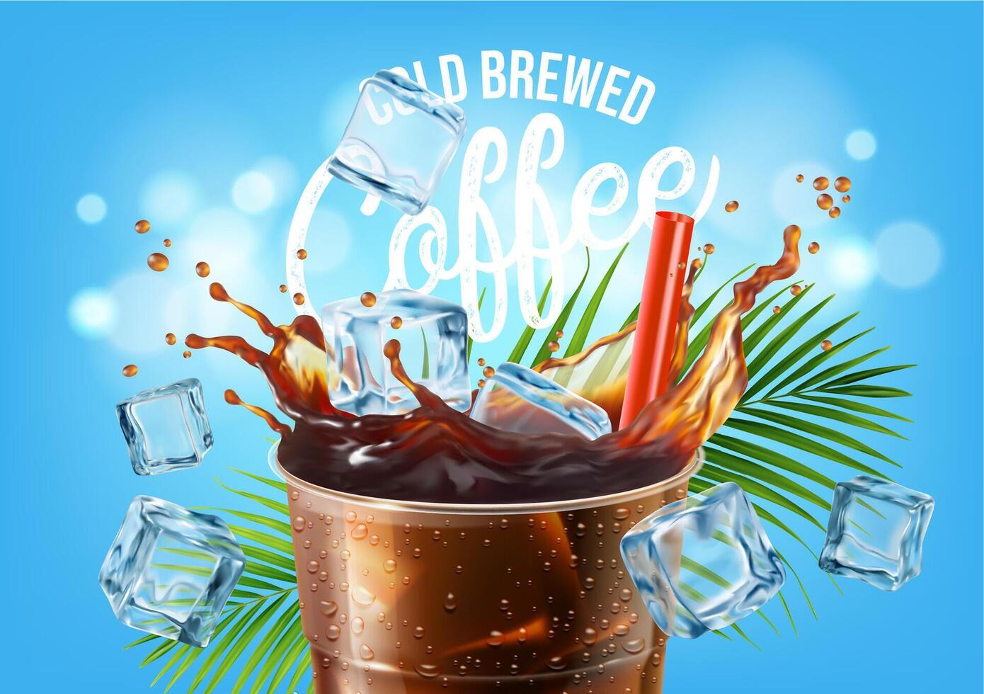 Cold coffee drink with ice cubes and splash, beach vector