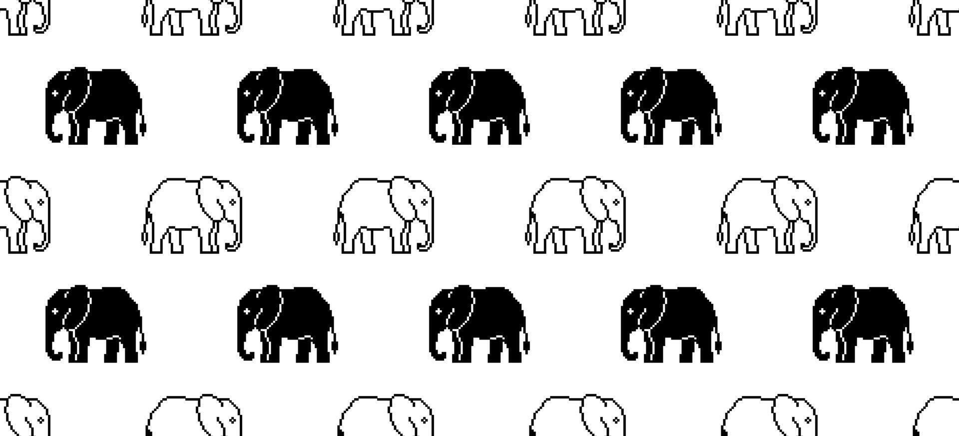 black white pixel art elephant seamless pattern vector