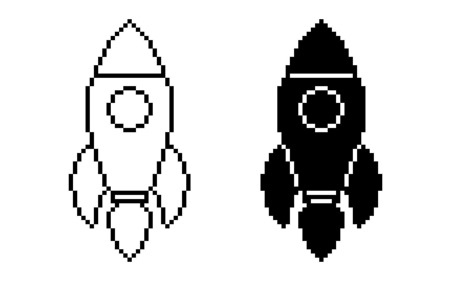 black white pixel art rocket icon set isolated on white background vector