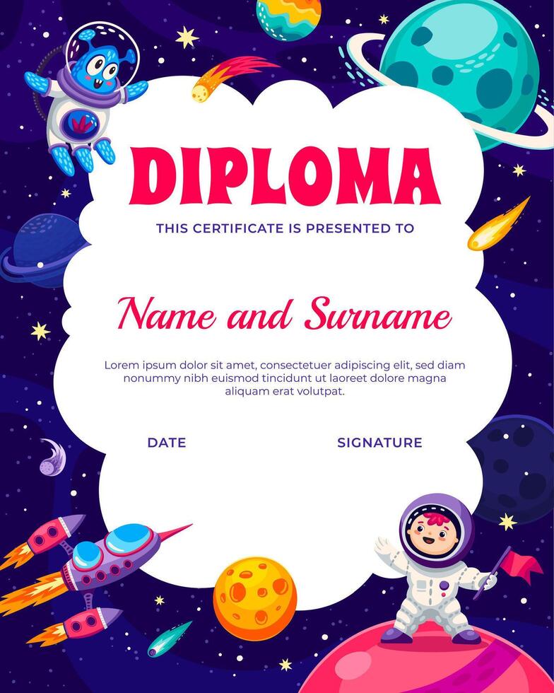 niños diploma con astronauta chico, extraterrestre y planetas vector