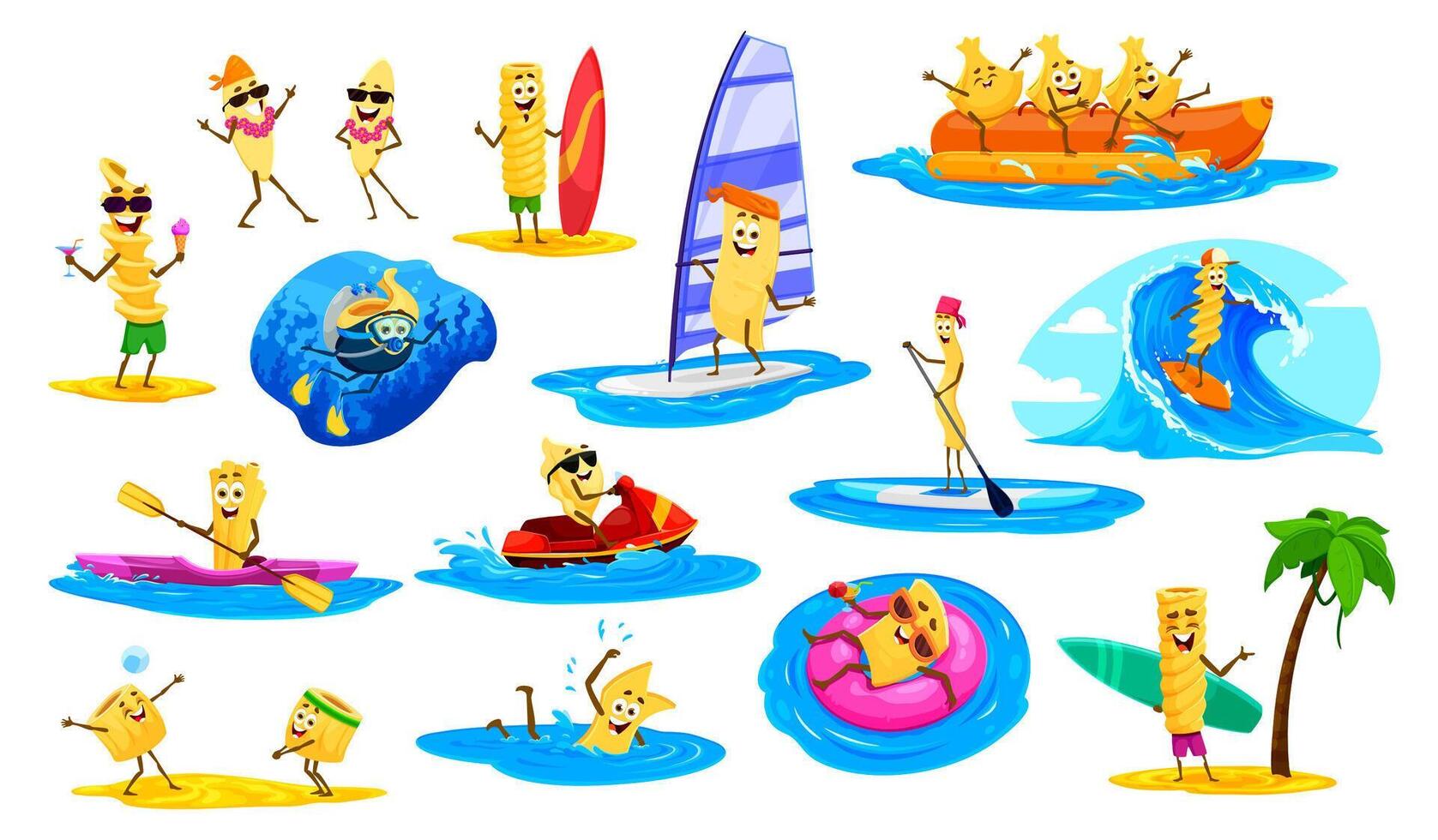 Italian pasta characters on summer beach vacation vector