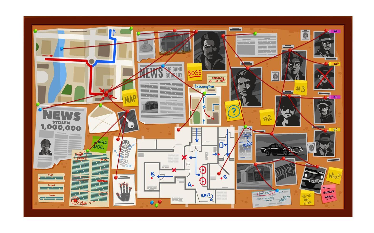 Detective board, investigate wall with map, photo vector