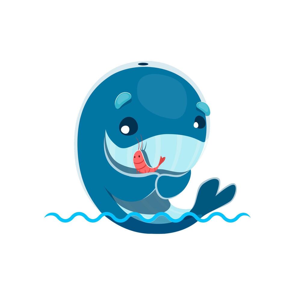Cartoon cute kawaii whale character with shrimp vector
