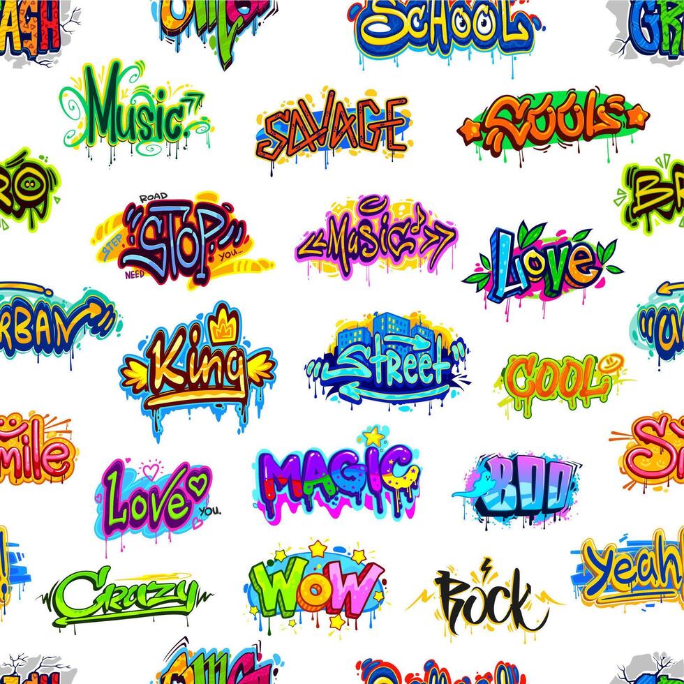 Graffiti street art, urban style seamless pattern vector