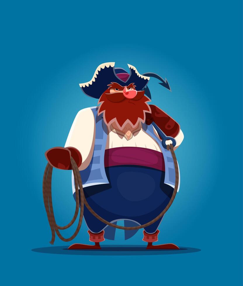 Cartoon fat pirate, corsair sailor with hook, rope vector