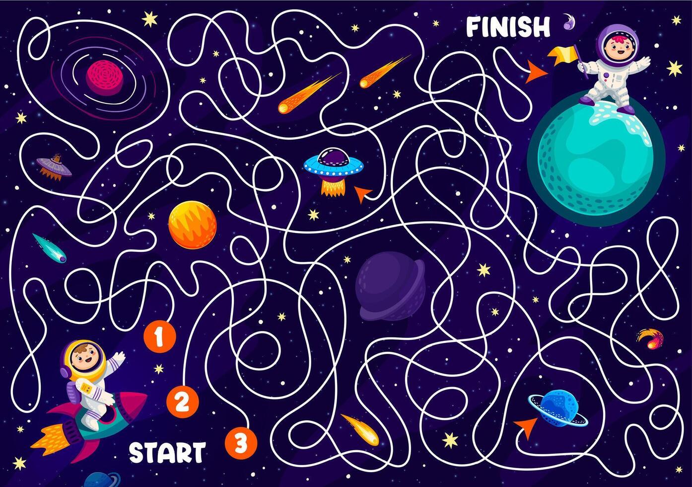 Space labyrinth maze game. Help to kid astronaut f vector