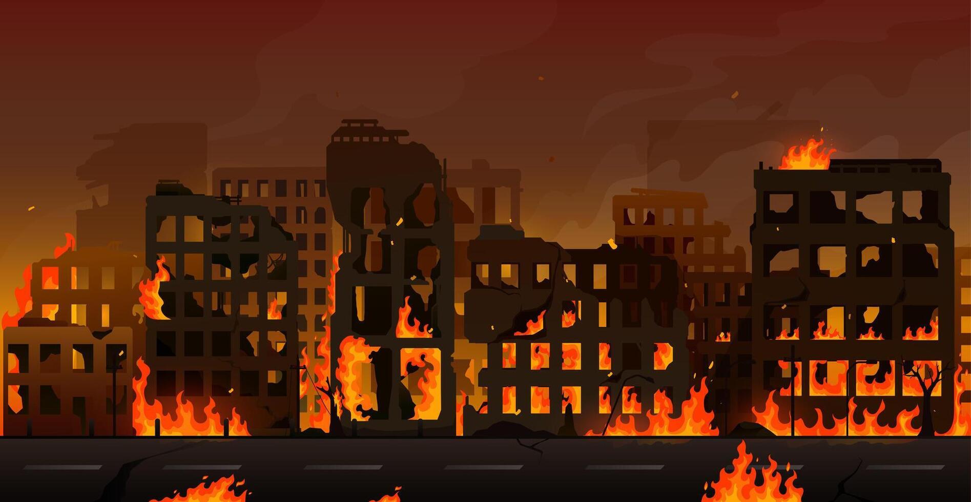 Burning city, damaged buildings, destroyed houses vector