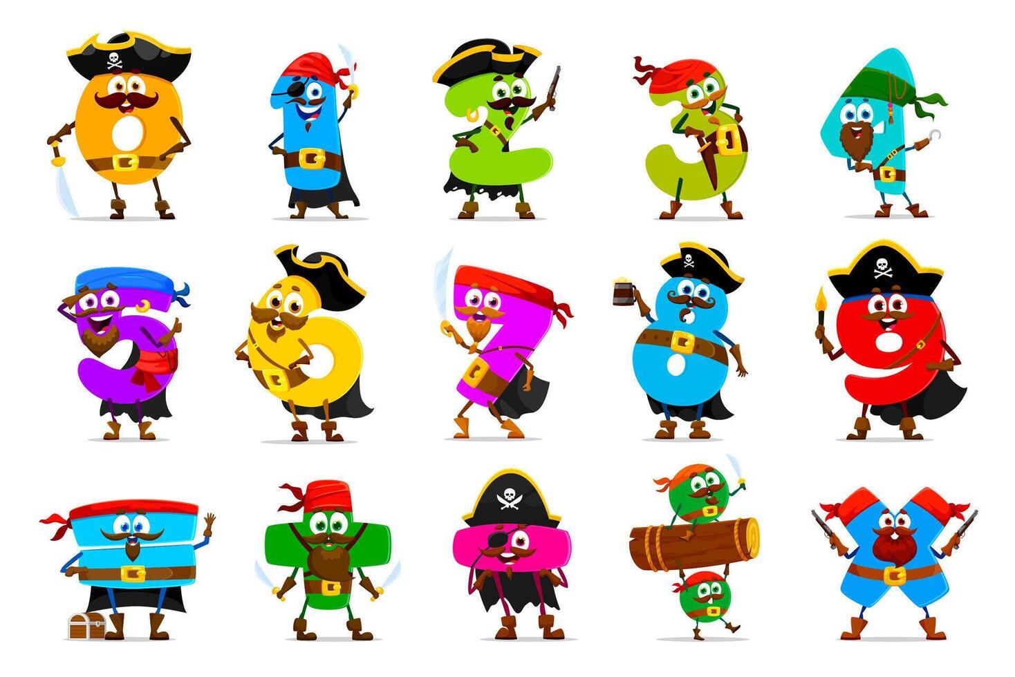 Cartoon funny number pirate or corsair characters vector