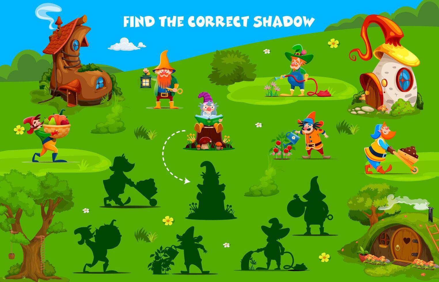 Find the correct shadow of cartoon garden gnome vector