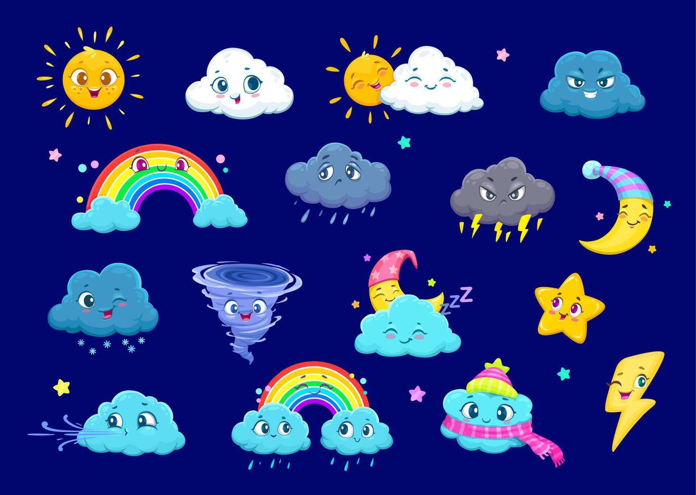 Weather characters, sun, cloud, rain, snow, wind vector