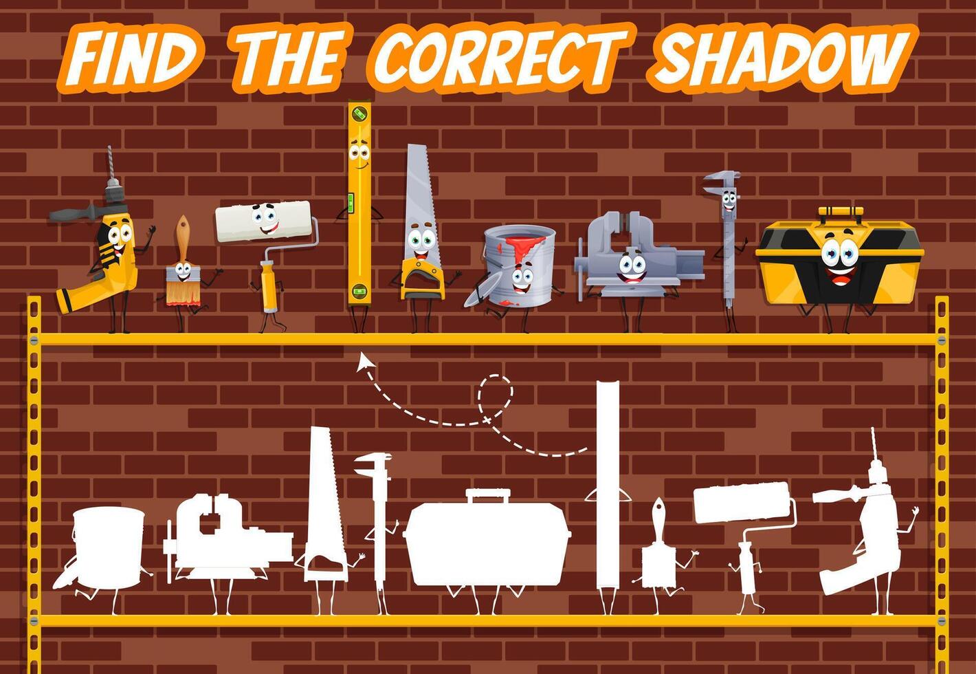 Find correct shadow of cartoon DIY repair tools vector