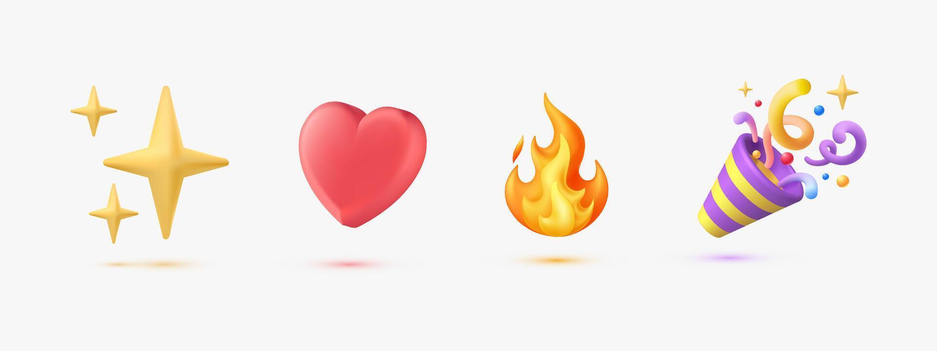 3d emoji party popper, love, sparkles and flame icon illustration vector